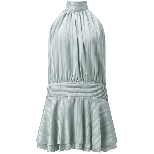 Image of Women's 2026 Summer Halter Dress Sleeveless Open Back Ruffle Tiered Layered Chiffon Pleated A Line Swing Mini Dress