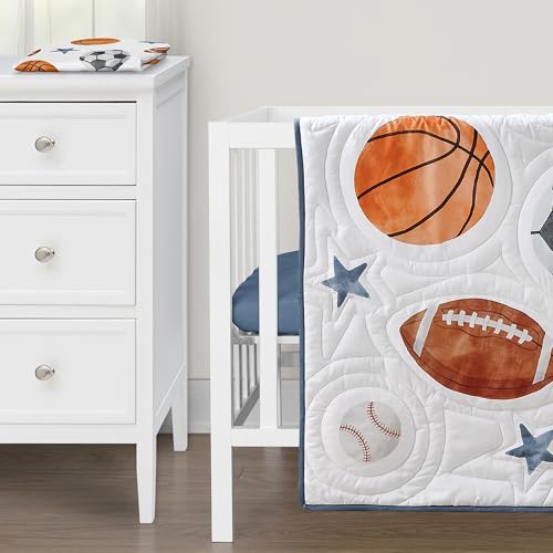 Image of Sweet Jojo Designs Sports Theme Boy Baby Mini Crib Bedding Set Infant Nursery Room Newborn Blanket Portable Pack n Play Sheets 3p Watercolor Vintage Soccer Balls Football Baseball Basketball Blue Star