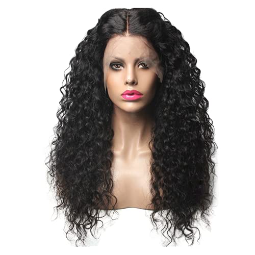 Lace Front Long Black Curly Wig - Brazilian Womens Middle Part Loose Curly Wavy Wigs with Baby Hair - Heat Resistant Synthetic Hair Full Wigs High Density Hairpiece (24 inches, Black)