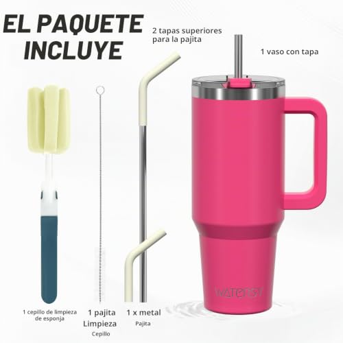 Miniatura 2 de Watersy 591 Ml Vaso Termico Con Pajita, Taza Termica De Acero Inoxidable, Termo Café Tapa, 20oz Taza De Café Con Asa Para Frío Y Caliente, Travel Mug Para Gimnasio, Viaje Fuchsia