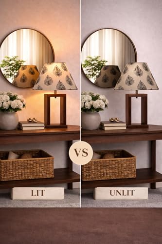 Image of tu casa Mango Wood Table Lamp | Cobra Saffron Print Satin Shade Bedside Lamp for Bedroom Living Room Study | Decorative Wooden Home Decor Lighting & Gifting