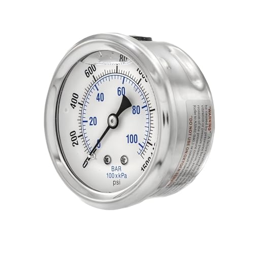 1/4" NPT Back Mount Liquid Filled Pressure Gauge with 2.5" Dial - 0-1500 PSI - for Commercial or Industrial Hydraulic & Pneumatic Systems - Compressor Pressure Gauge Replacement