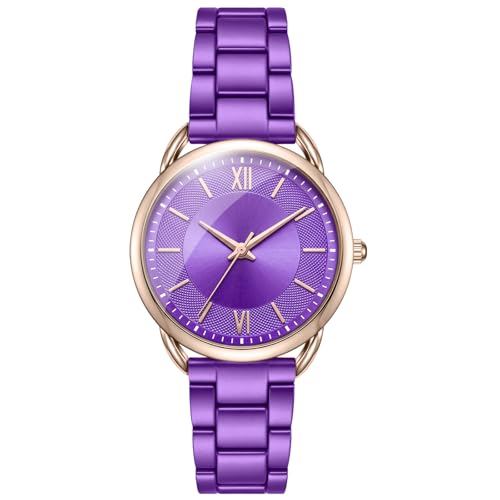 Montre femme violette Bisley avec bracelet métallique à trois aiguilles et cadran analogique