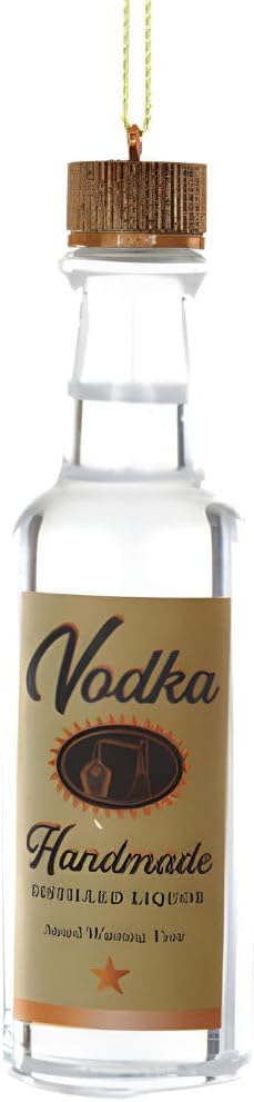 Cody Foster & Co Handmade Vodka Bottle Ornament, Realistic Miniature Design, Transparent with Vintage Label, Festive Holiday Decor, 5 Inches, Clear, Tan