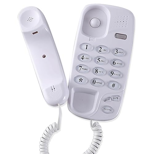Wall Mountable or Desktop Corded Telephone, Mute, Pause, Redial, Flash, for Home Office Hotel Bathroom, White