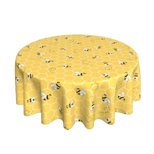 GOLIANDA Bee Tablecloth 60 Inch Round, Bee Kind Yellow Table Cloth Honeycomb Decorations Spring Summer Round Table Cover Polyester Washable Tablecloths for Party Picnic Kitchen Dinner Decor Outdoor