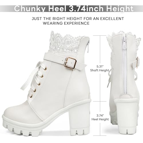 BEAUPAS Chunky Platform Shoes for Women White Lace Boots Buckle Gothic Punk High Heel Boots Lace Up Block Heel Ankle Booties(White,10)2