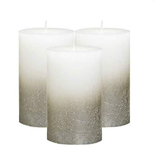 BOLSIUS Rustic Fading Metallic White/Champagne (Silver) Candle – Set of 3 Pillar Candles 2.75 X 5 Inches – White Candles with a Fading Silver Metallic Coat – Perfect Décor Candle –130/68m