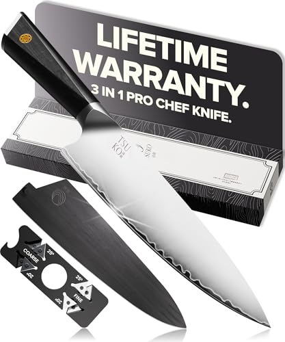 Tsuko Chef Knife Four Stage Sharpener & Wooden Sheath - 8 Inch Professional Japanese Style Kitchen Knives Set, Sharp Gyuto Knife, Vegetable, Meat, Chopping Knife, Sharp Kitchen Knife Single for Chefs
