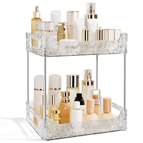 Image of 2-Tier Bathroom Counter Organizer Countertop Storage, Dresser Organizer Vanity Tray for Makeup, Perfume Organizer Cosmetics Skincare Shelf - Clear