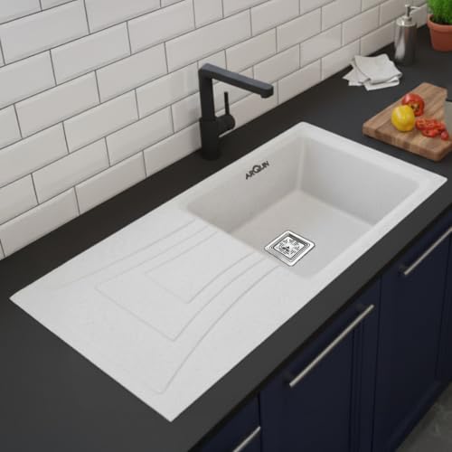 Image of ARQUIN Quartz Kitchen Sink with Drainboard 36x18x9 Inch White Granite Sink with Coupling, Waste Pipe & Strainer Basket UV Protected, Undermount /Topmount Noise Reducing