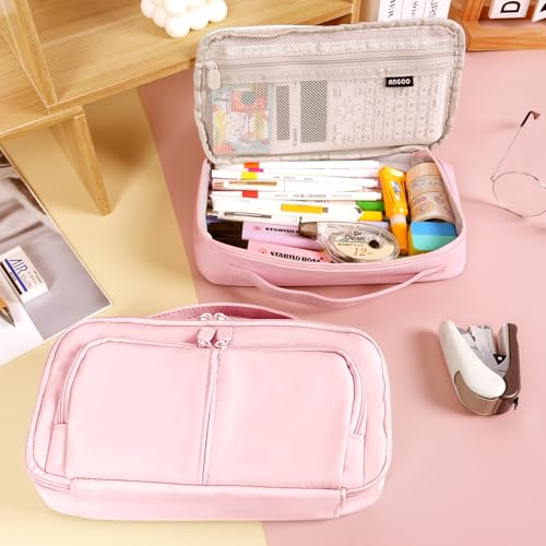 Image of Pink Pencil Case Large Capacity Pencil Pouch Pen Bag with Handle, Portable Pencil Case Pencil Bags with Zipper Student Stationery Bag for Girls and Boys Teen Adults Men Women (Pink)