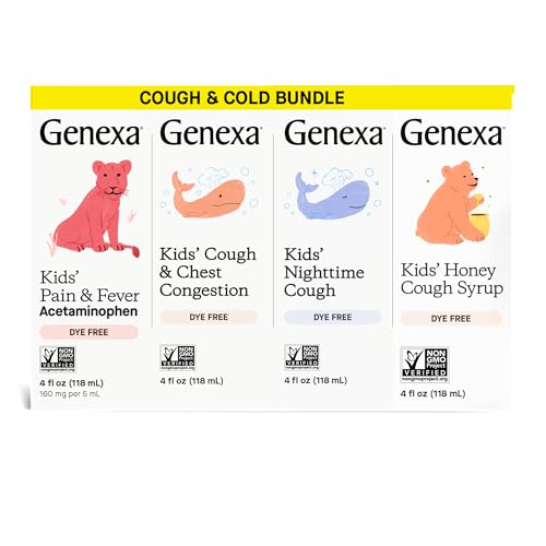 Image of Genexa Kids' Clean Cough Medicine & Honey Cough Syrup, Pain & Fever Reducer Value 4-Pack, Dye Free, 0% Artificial Additives, Cough Care for Children, Fever & Pain Reliever, 16 fl oz (4 Bottles)
