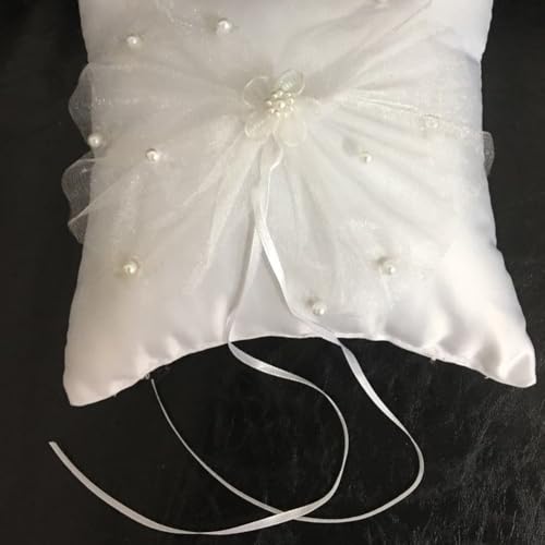2Pcs Ring Bearer Pillows, White Ring Pillow for Ring Bearer, Wedding Ring Bearer Pillow with Pearls Lace Ribbon Decor, Ring Bearer Holder for Wedding Party Ceremony - Thumbnail 4