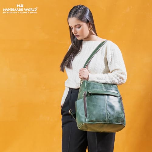 Image of Handmade World Leather Backpack Convertible to Purse 'The Honeycomb' Shoulder Bag Travel Versatile Rucksack Daypack (Green)