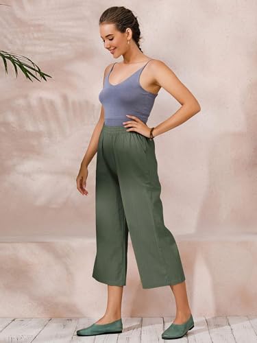 Image of ECUPPER Womens Cotton Cropped Pants Loose Fit Wide Leg Trousers | Casual, Plus Size, Elastic Waist, Capri, 100% Cotton, Slant Pockets, High Rise Waist, Lounge Pants
