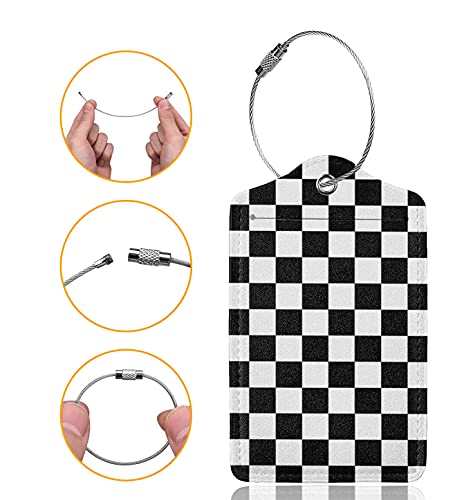 2 Pack Luggage Tags for Travel PU Leather Luggage Tag Name ID Labels with Privacy Cover for Suitcases Women Men Kids Girls (Black and White Grid)3