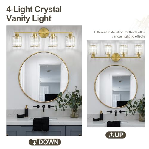 Image of Modern Gold Crystal Bathroom Light Fixtures,4-Light | Bathroom Lighting Fixtures over Mirror,Vanity Lights for Mirror, Restroom(Ceramic E26 Socket,Bulbs Not Include)
