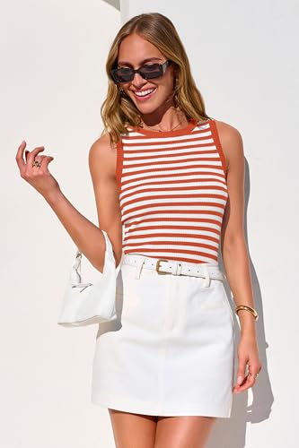 Image of PRETTYGARDEN Summer High Neck Striped Tank Tops for Women Casual Sleeveless Sweaters Basic Ribbed Knit Slim Fitted Shirts