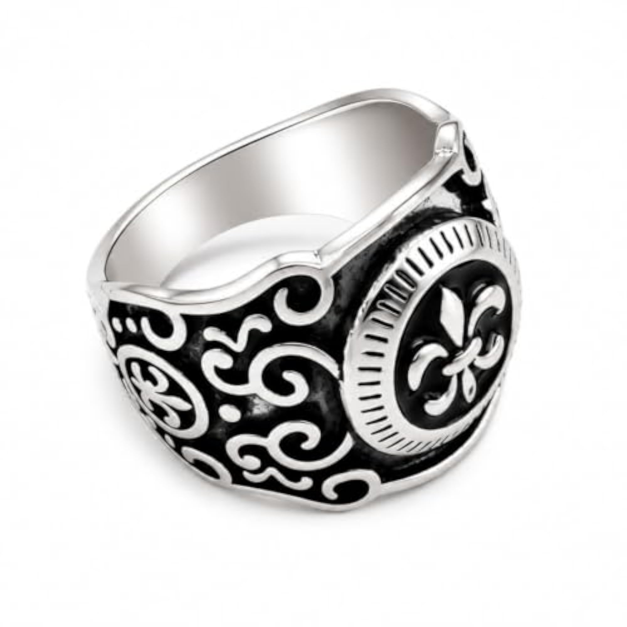 Men's Fleur de Lis Statement Ring, Black & Silver