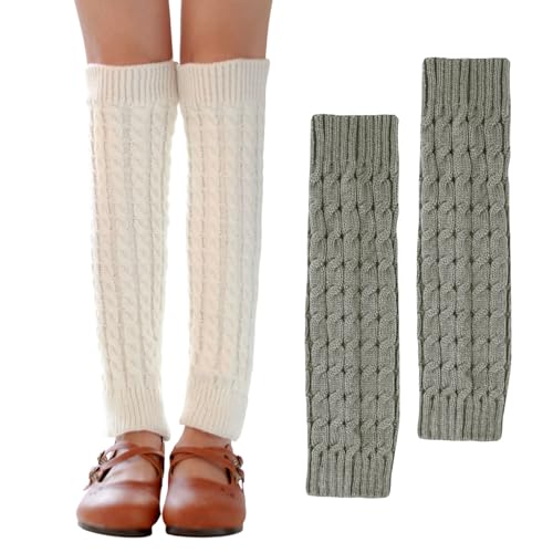 UILYNIU 2 paia Scaldamuscoli Donna,Scaldamuscoli Invernali per Stivali,Warmer Gamba Ginocchio, Scaldamuscoli Alle Caviglie,Scalda Muscoli da Donna, Scaldamuscoli Per Lavorati A Maglia (Bianco, Grigio)