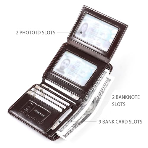 Luxury Men Wallet Genuine Cow Leather Male RFID Trifold Short Purse For Men with ID Window and Credit Card Holder (Black)4