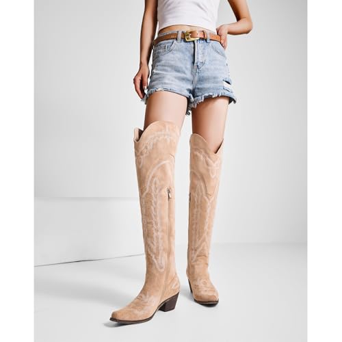 Image of olomisa Over the Knee Cowboy Boots for Women Embroidery Cowgirl Boots Chunky Heel Side Zipper Boots Thigh High Western Boots