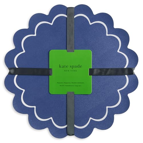 Image of kate spade new york Scallop Edge Round Reversible Placemats 6-Pack Set, Imitation Leather with Metallic Print, Water Resistant, Easy Wipe Clean, Navy /Silver, 15 inch Round