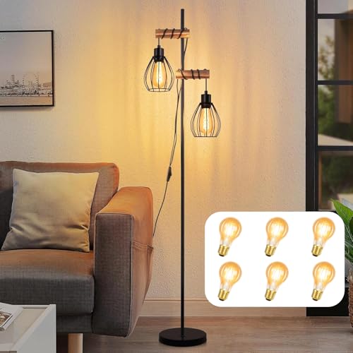 ZMH Stehlampe Wohnzimmer Vintage Stehleuchte Schwarz: Holz Standleuchte Metall Industrial Standlampe 2 flammig Retro Bettlampe mit 6 × 4W E27 2700K Leuchtmittel für Schlafzimmer