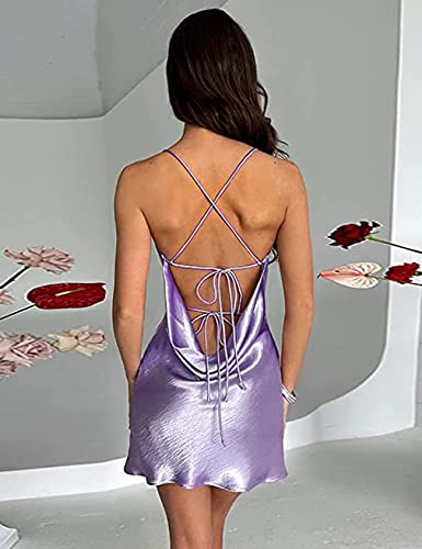 Yueyanleler Women Sexy Clubwear Backless Party Dresses White Bodycon Mini Dress Satin Sleeveless Birthday Dress(Purple-S) #TOP2