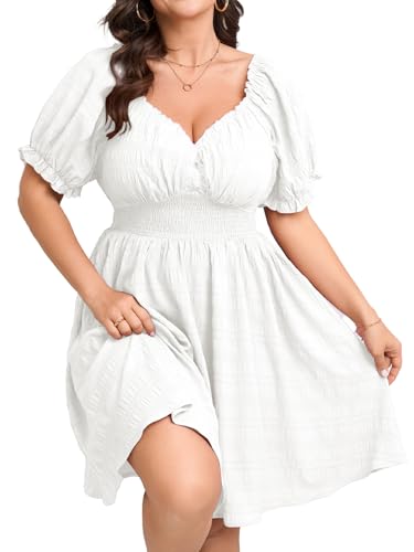 Image of SCOMCHIC Womens Plus Size Summer Dresses Casual Sun Dress Sweetheart V Neck Puff Short Sleeve Smocked A Line Mini Dress