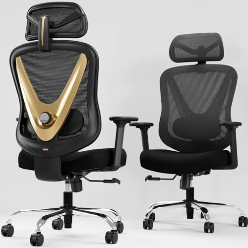 Image of HOLLUDLE Ergonomic Mesh Office Chair - 3D Adjustable Lumbar Support & 3D Armrests, V-Shaped Back, Adjustable Desk Chair for Office & Home, Black and Gold