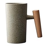 Taza de café vintage Tazas vintage de 7.4 oz con mango de madera Exquisitas tazas de café de gres Taza de té de cerámica apta para lavavajillas y microondas para el hogar Estilo de piedra áspera, taz