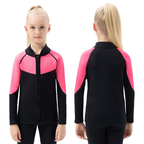 Intboss 3mm Neoprene Wetsuit Top for Kids Girls Wet Suit Jacket Long Sleeve Wet Suit Top Front Zip Keep Warm Diving Shorty Shirt for Swimming Pool Snorkeling Scuba Diving Pink Age 12-14