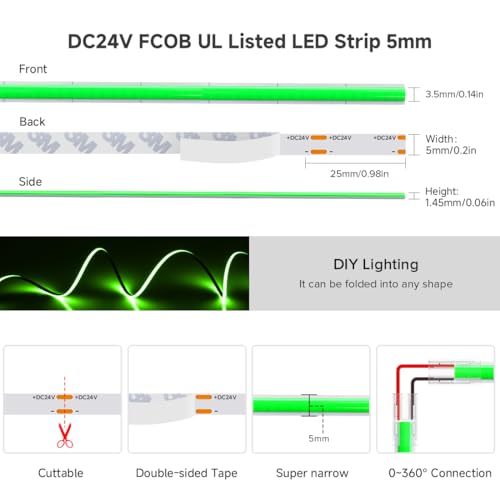 Image of BTF-LIGHTING FCOB COB LED Strip Green Color 5mm Width UL Listed Super Narrow Flexible Uniform Light DC24V 16.4FT CRI 90+ Dimmable LED Ribbon for Bedroom Home Indoor Decor(No Adapter or Controller)