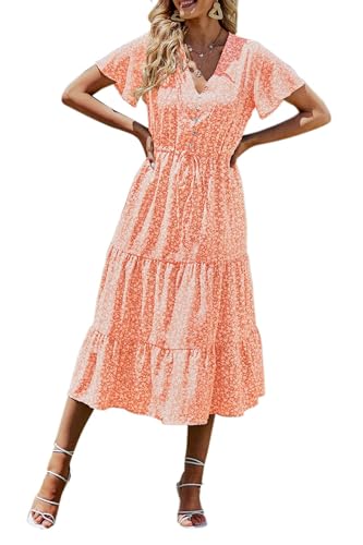 PRETTYGARDEN Summer Floral Dress for Women 2025 Casual Boho Short Sleeve Maxi Dresses V Neck Tiered Flowy Beach Sundress