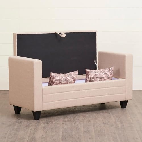 Image of 2 Seater Sofa Bench with Storage | Upholstered Fabric Ottoman Bench with Armrest | Hidden Storage Seating for Living Room Bedroom Entryway | Modern Lounge Bench Footrest Seat | Beige