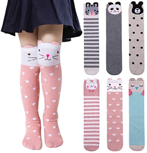 SDBING 3-12 Years Old Girls Knee High Socks Kids Cute Funny Animal Pattern Long Boot Socks 6 Pairs
