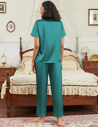 Ekouaer Satin Pajamas Set for Women Silk Button Down Sleepwear Short Sleeve Loungewear 2 Pieces Nightwear3