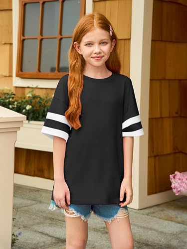 Image of Girls Oversized T Shirts Kids Summer Striped Short Sleeve Tops Casual Crewneck Tees 5-14 Years