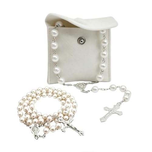Rosenkranz Katholisch 1Rosenkranz Kette Rosary Necklace Rosenkranz Kommunion Mädchen Kunstperlen Katholische Rosenkranzperlen Retro-Kreuz mit Samt Geschenkbeutel Taufe Kommunion Hochzeit (Weiß)