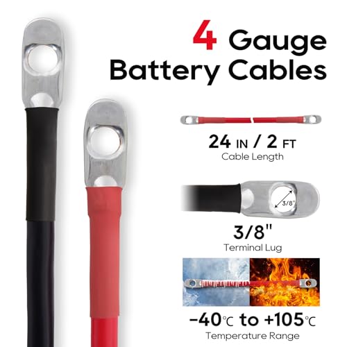 TOPDC 4 AWG Battery Cable 24-Inch Battery Inverter Cables Set All Copper Conductor Wire with 3/8\" Ring Terminals (4 Gauge x 24 Inches) for Car Truck RV Solar, Replacement Parts & Accessories - Thumbnail 2