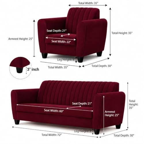 Image of MS Luxury FURNITRE Premium Luster 3-1-1 Sofa Set | 3 Seater | 5 Seater | Velvet Suede Fabric | 7 Colours with Sollid fibare Legs & 4 Cushion Free. (Maroon, 3+1+1)