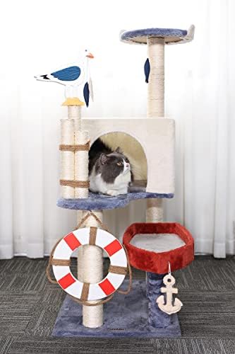 HYABI 46.8 inch Boat Buoy Novelty Seagull Cat Tree Tower Condo Furniture Apartment Plush Habitat Kitten Amusement Platform with Scratch Posts Toy Fish Pet House Play for Indoor Cats (Large 46.8" H)