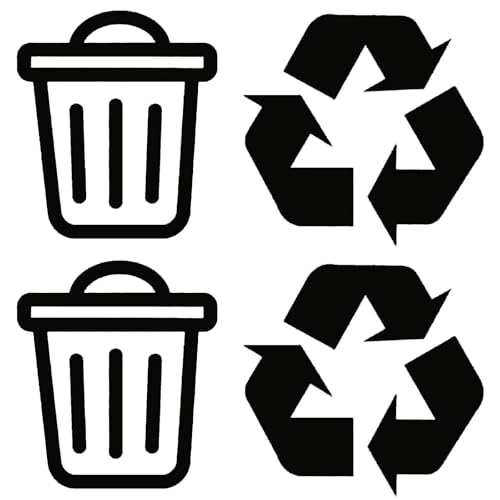 Pack of 4 Bin and Recycle Decals Waterproof Bin Decoration 2 of Each Design - Wheelie Bin Stickers - Kitchen Wall Art - Office Pub Cafe Recycling Labels (Black, Small)