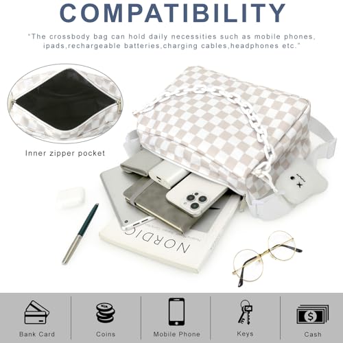 DOB SECHS Checkered Crossbody Bag for Women Nylon Cute Messenger Purse Hobo Bag Spacious Checkerboard Handbag Wallet Cross Body Belt Sling Bags for Travel with Ghost Pendent, Adjustable Strap, White2