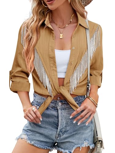 Image of MYMORE Womens Sparkly Fringe Shirt Western Cowgirl Country Concert Outfit