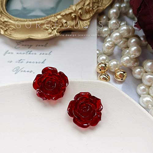 925 Sterling Silver Earrings Rose Flower, Pretty Blooming Carved Red Rose Dangle Earrings Tiny Resin Rose For Women For Teen For Mother #TOP3