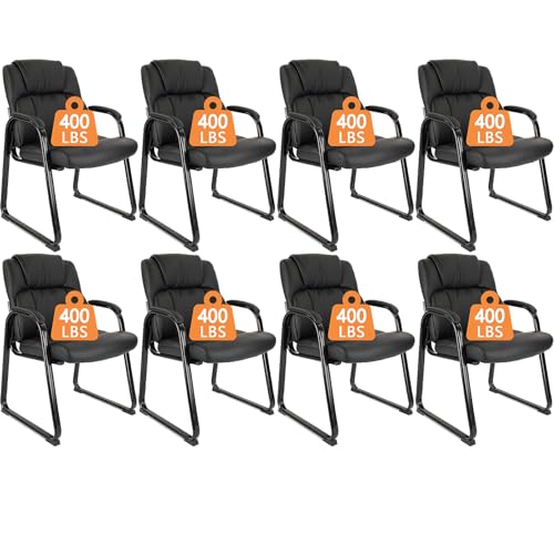 Image of CLATINA Heavy Duty Guest Chair with Padded Armrests and Sled Base, Executive Leather Soft Reception Chair 400lbs Capacity for Office Conference Waiting Meeting Room, Black (8 Pack)