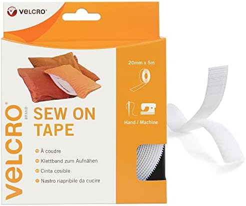 VELCRO Brand Sew On White Fabric Tape 20mm x 5m - Hook and Loop Tape Fastener Roll, Hook and Loop Tape Sew on Perfect For Sewing, Clothing, Fabric Repair and Hemming